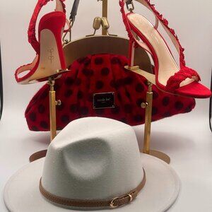 ✨ White Brim Fedora + Red Heels + Nicole Lee Lady Bug Bag | Bold + Feminine Trio